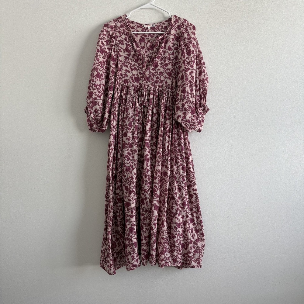 Sundry Dress Women 0 XS Pink Floral Midi Cottagecore Flowy Boho Puff Cotton